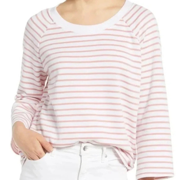 Caslon Striped Scoop Neck Sweatshirt in Pink & White - NWOT - Medium - Picture 1 of 8
